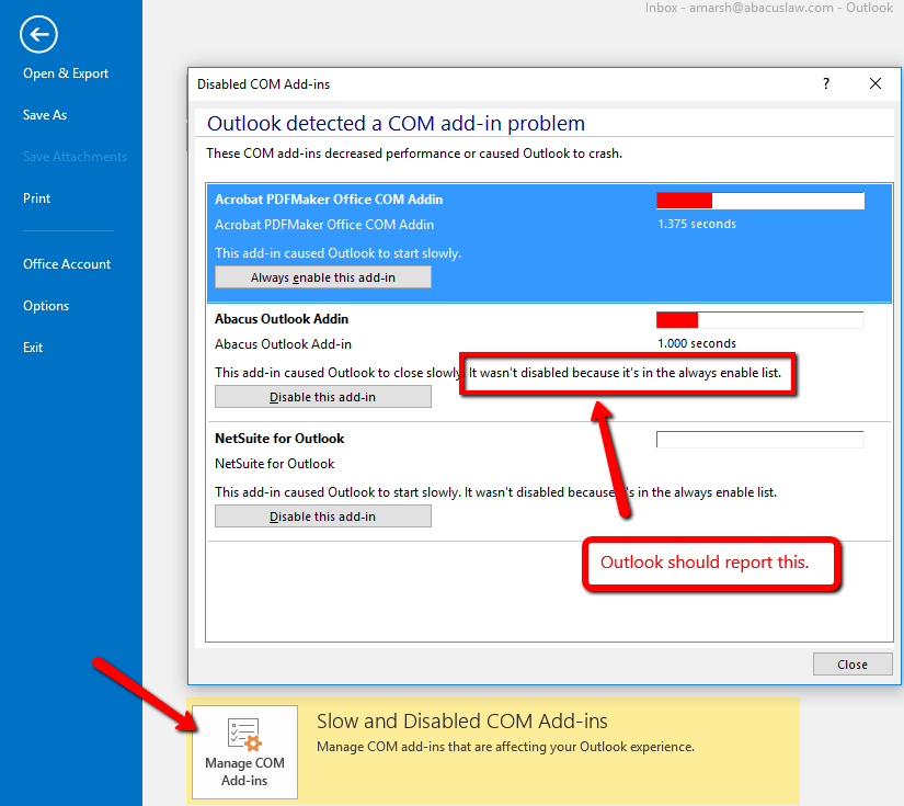 manage slow and disabled com add ins outlook 365