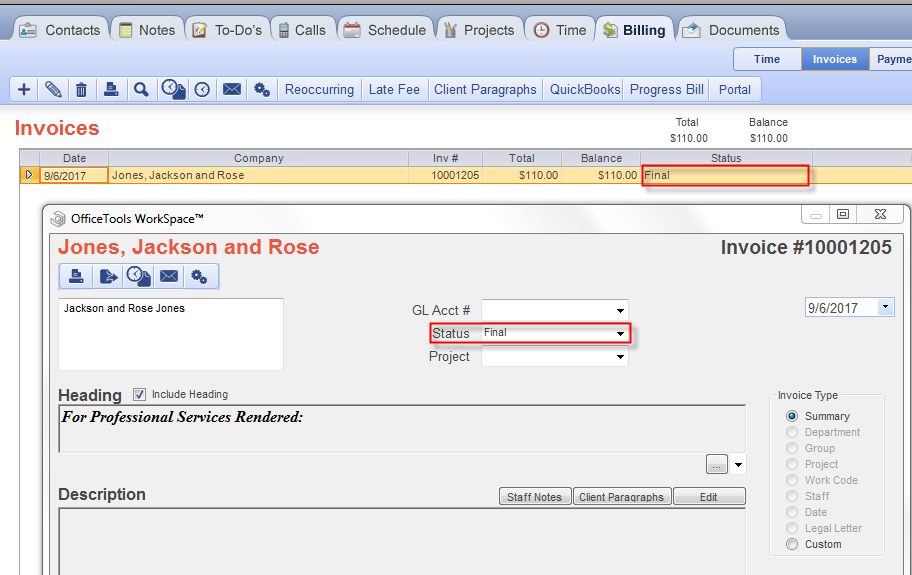 officetime invoice status